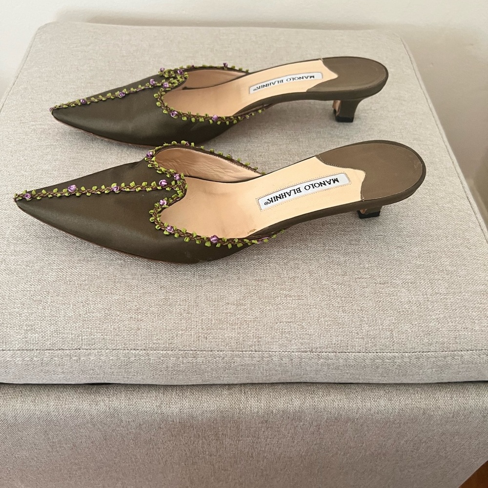 Manolo Blahnik Olive Green Mules with Purple Accents
